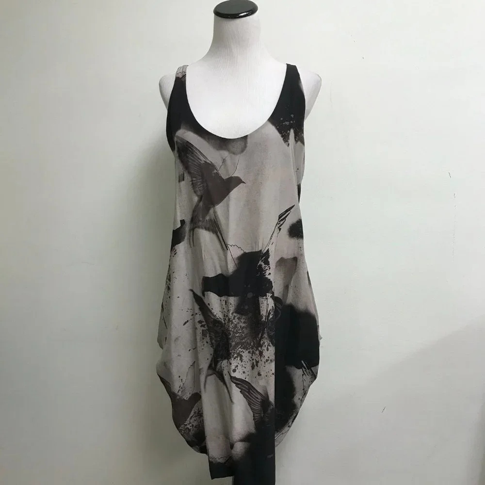 Diesel black gold silk sleeveless loose fit dress bird gray print low back L - Picture 3 of 9